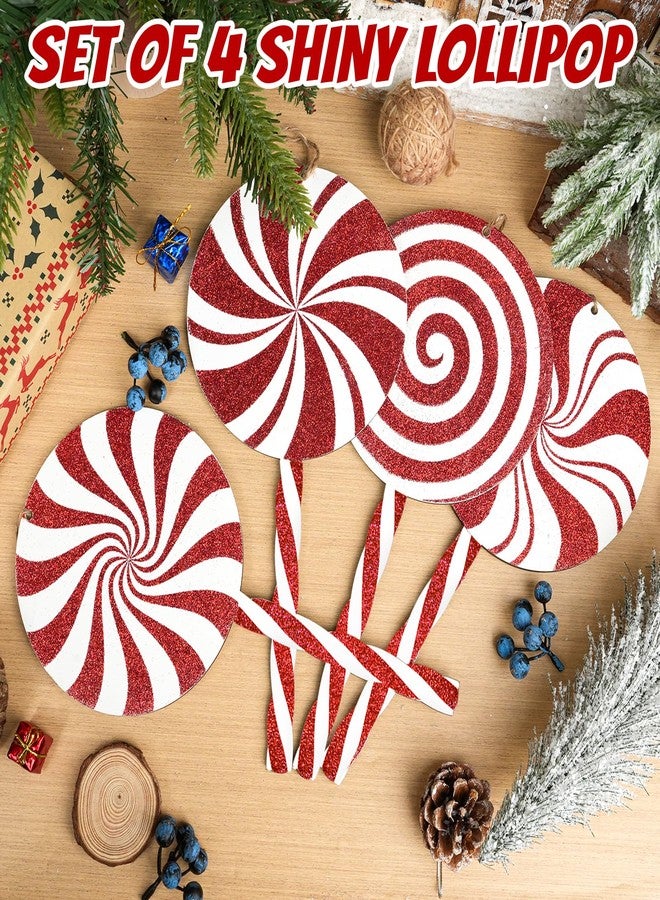 COCHIE 4Pcs Double-Sided Glitter Christmas Wood Candy Ornaments, 12" Large Lollipop Candy Ornaments Xmas Tree Candy Cane Hanging Ornament, Wooden Red Christmas Tree Decorations Peppermint Xmas Decor - Image 5